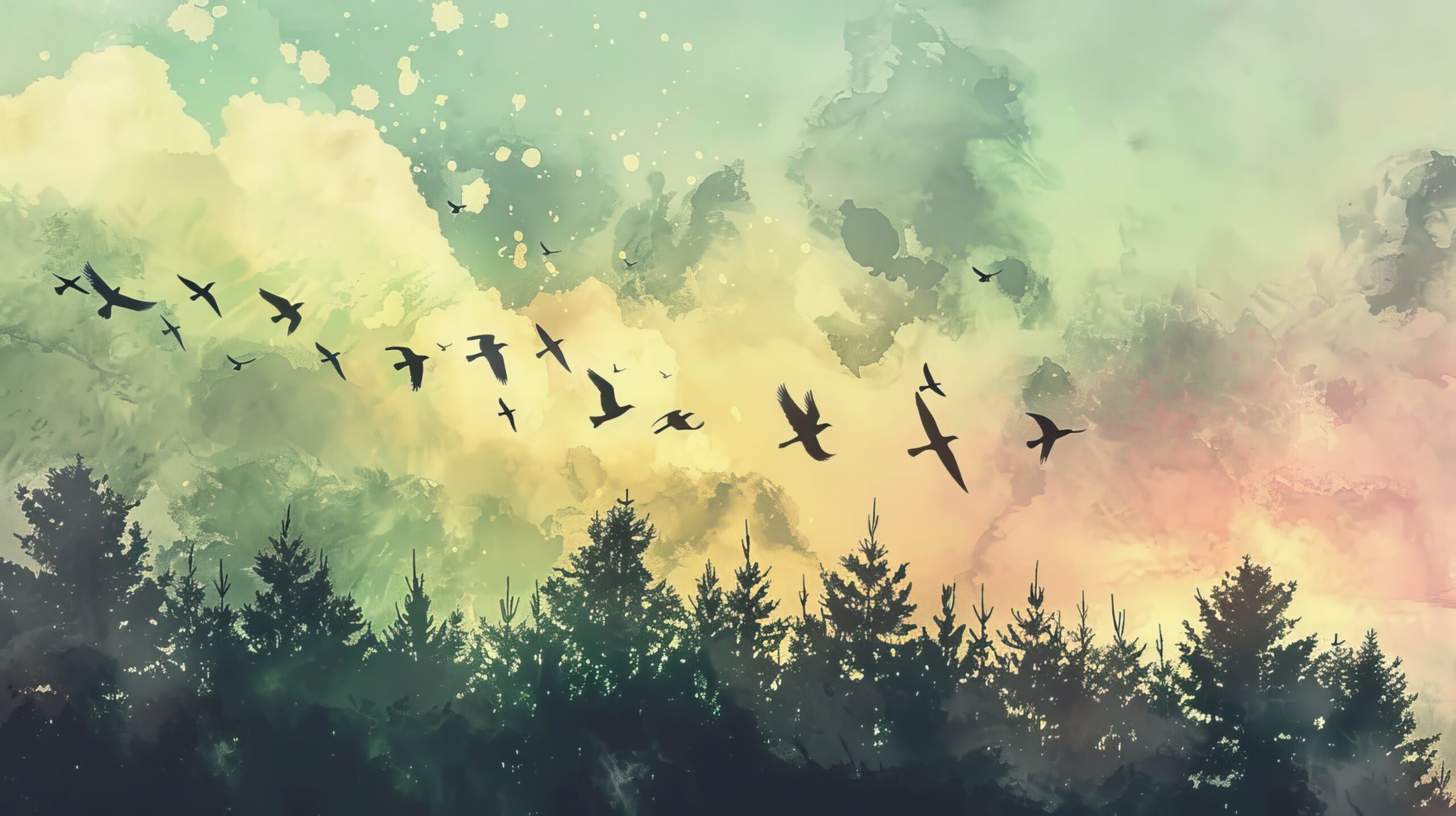 Flying Birds and Forest Silhouette in a Pastel Sky watercolor style. Nature or landscape wallpaper and mural background. High quality AI generated image