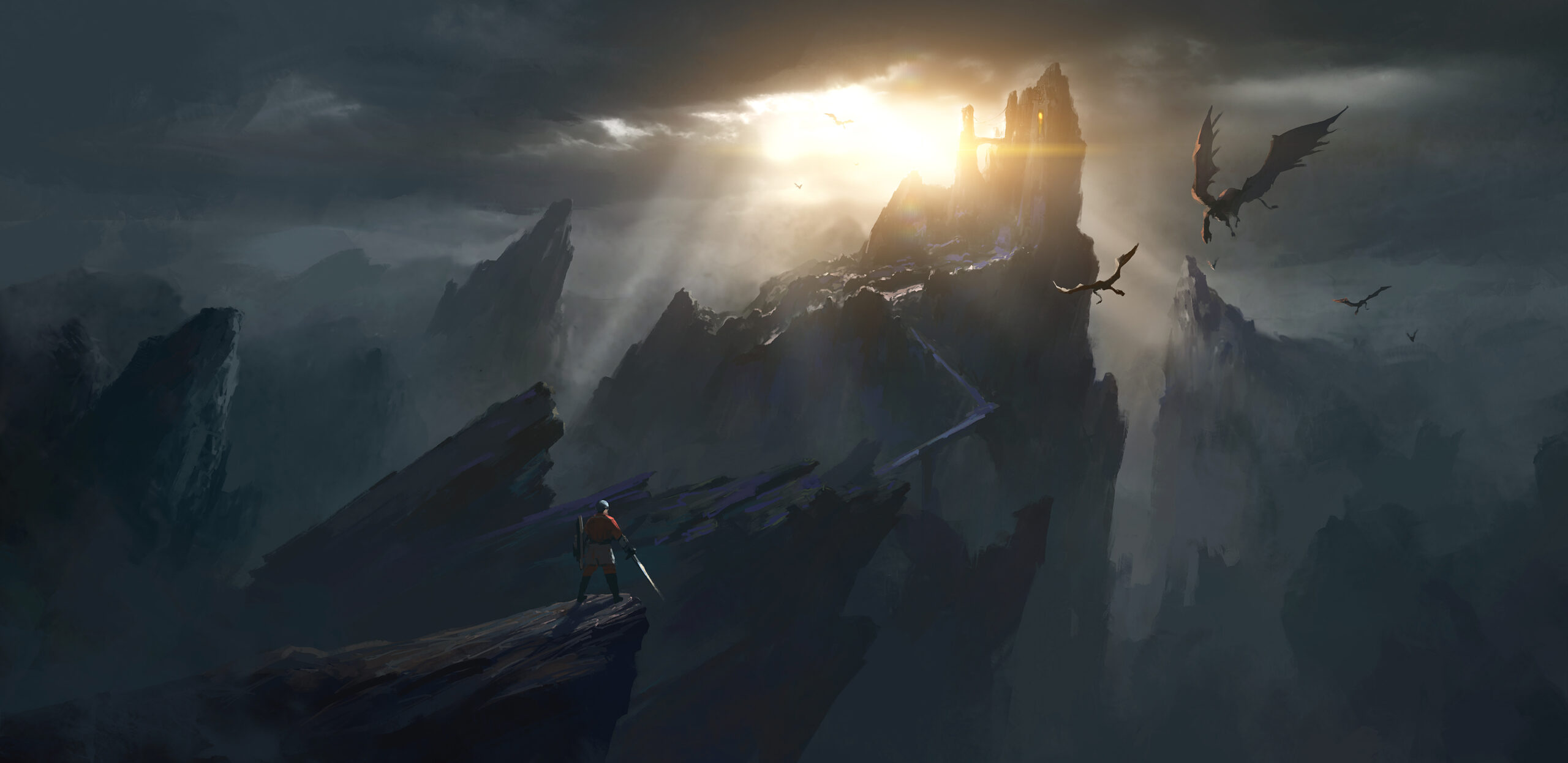 The challenger stands in front of the spooky castle, digital painting.