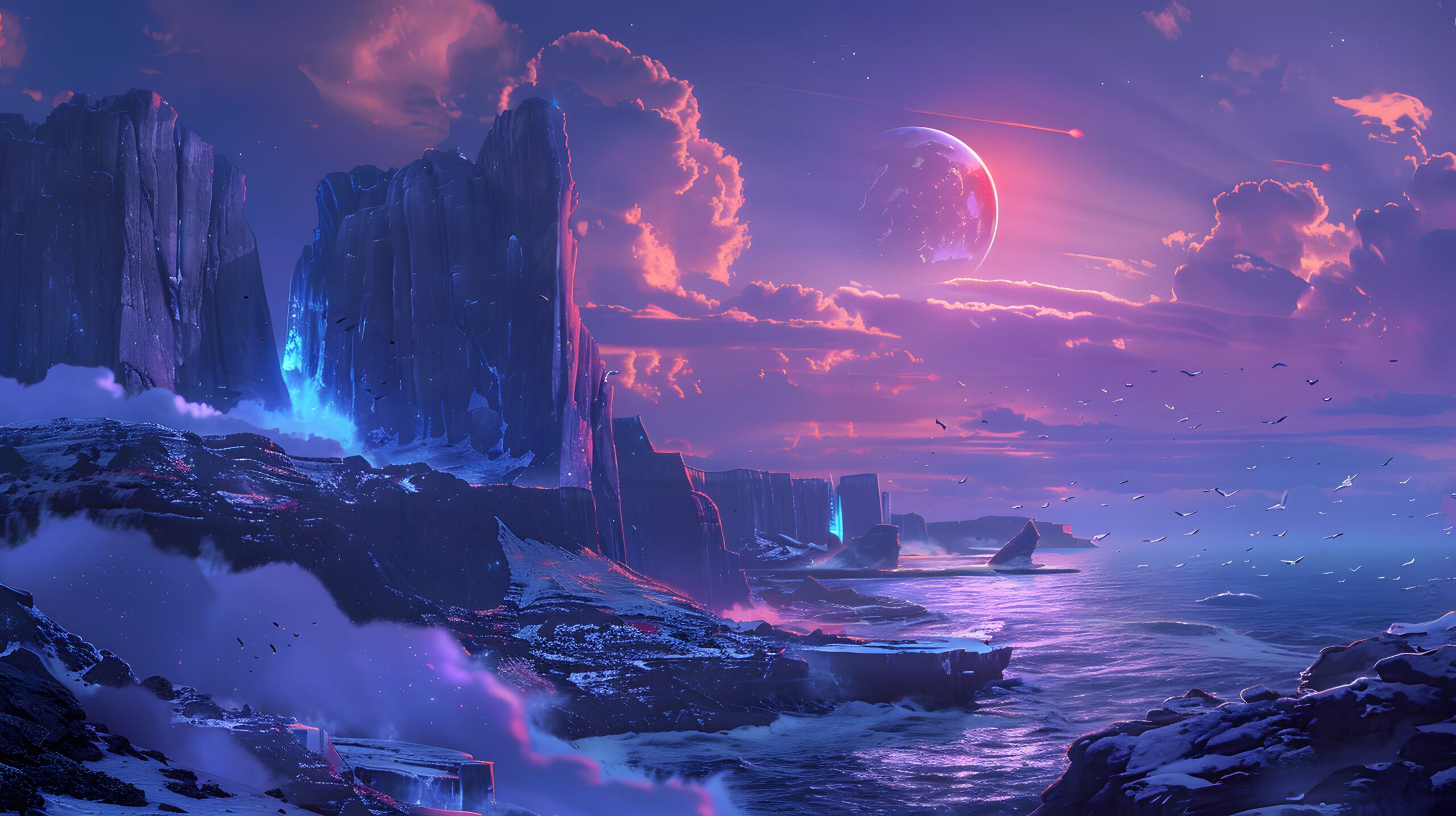 A futuristic cliffside with bioluminescent rock faces and glowing skies, creating a dramatic view style