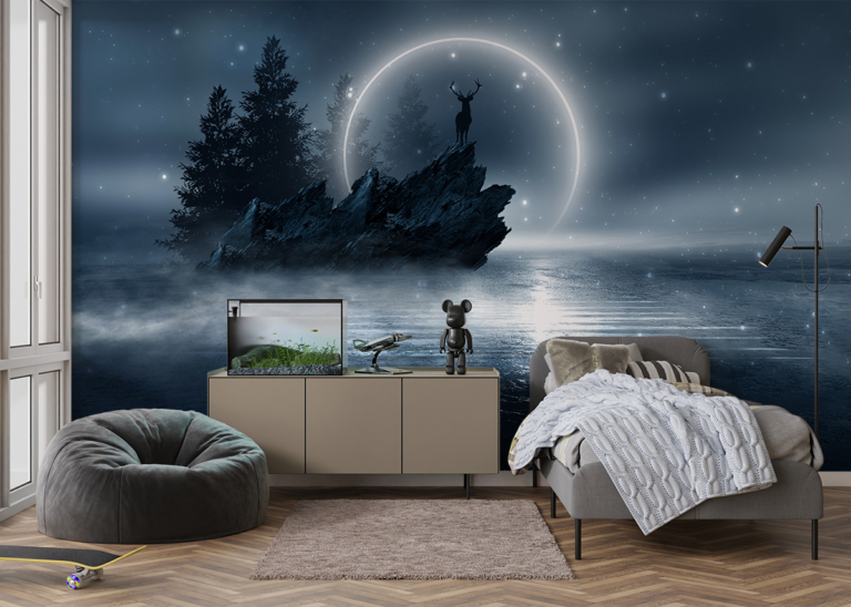 Fototapeta Jeleń na Skale pod Księżycem