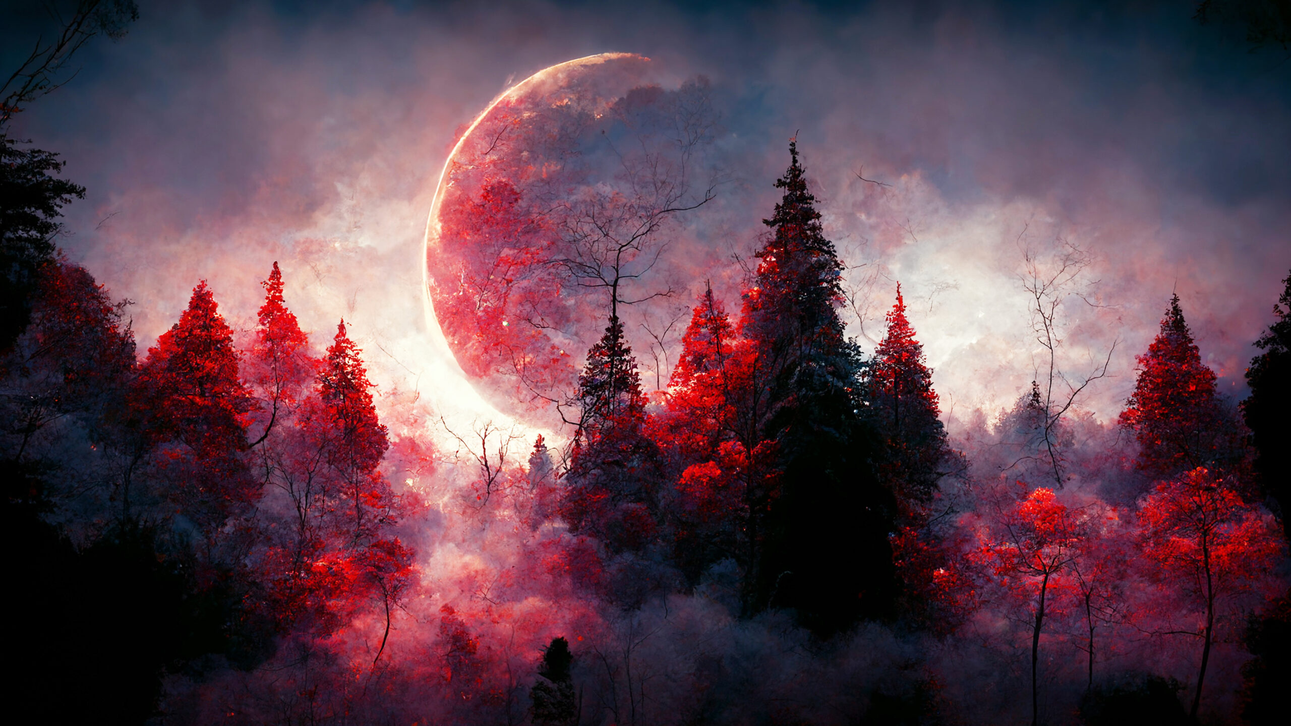 mystery deep forest with red mooon