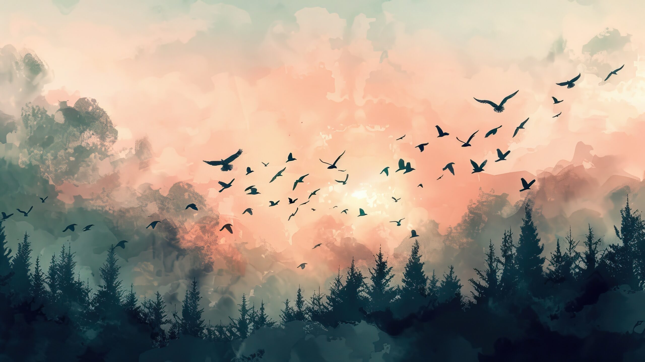 Flying Birds and Forest Silhouette in a Pastel Sky watercolor style. Nature or landscape wallpaper and mural background. High quality AI generated image