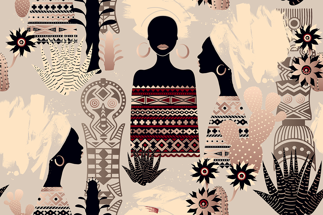 African women and cactus flowers. BLM theme. Bright seamless bac