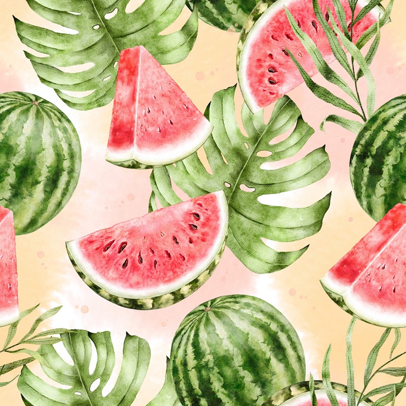 Seamless,Watermelon,Pattern,With,Tropical,Leaves,On,Soft,Pink,And