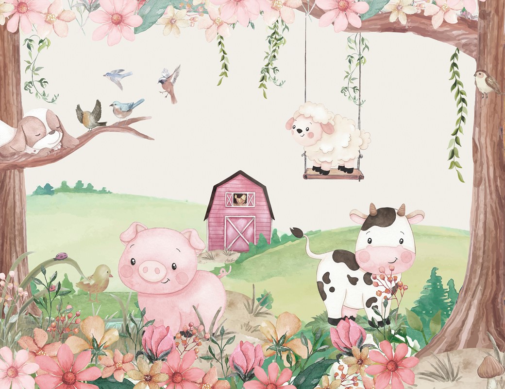 Children's,Farm,Landscape,With,Animals,,Pig,,Cow,,Sheep,,Hen,,Barn,