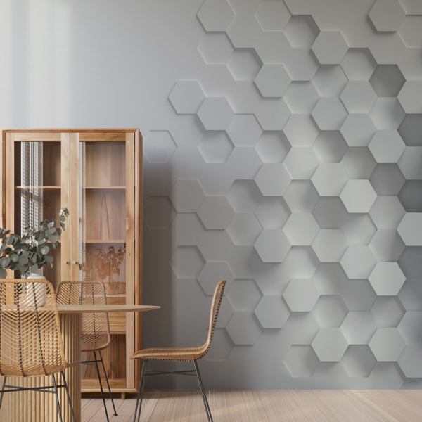 Fototapeta Heksagony 3D – szara fototapeta z geometrycznym wzorem