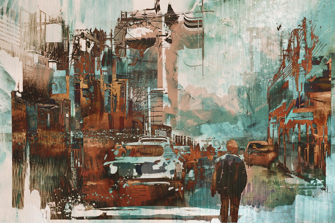 man walking in city street with abtract painting texture, illustration art