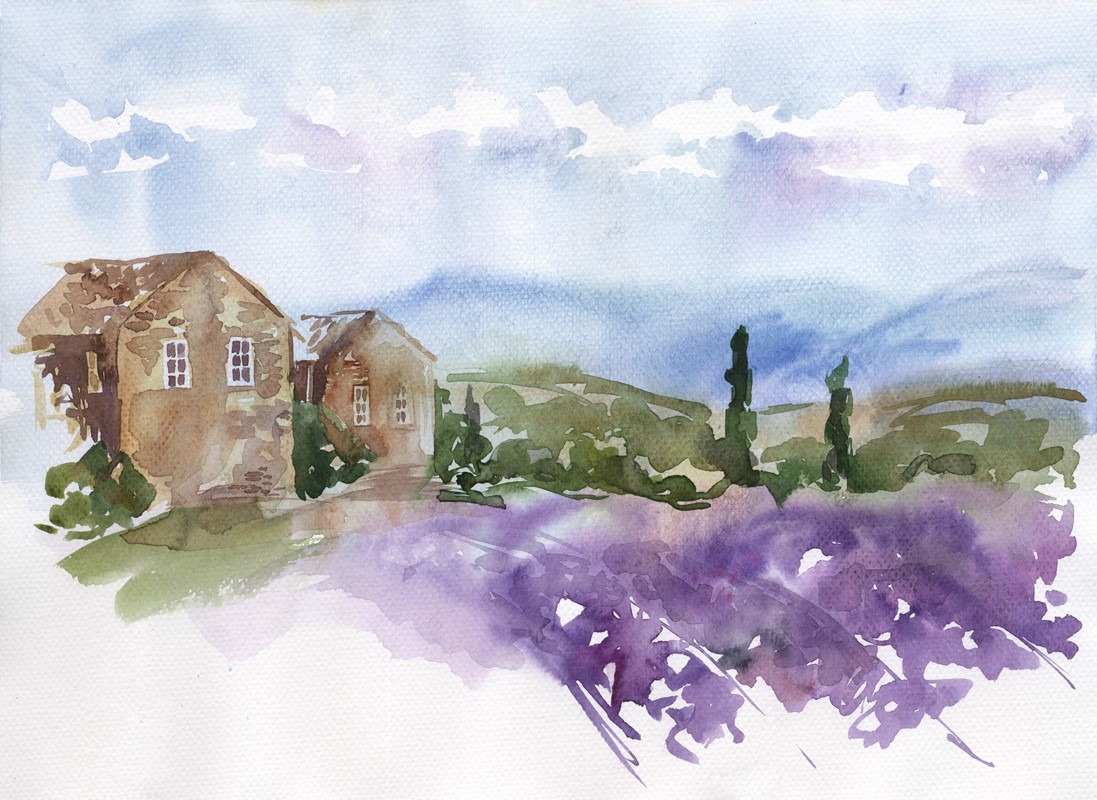 Watercolor,Illustration,With,Tuscan,Landscape,With,A,Field,And,A