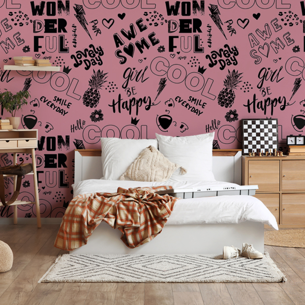 Fototapeta Młodzieżowa różowa z napisami – Cool Wonderful Happy