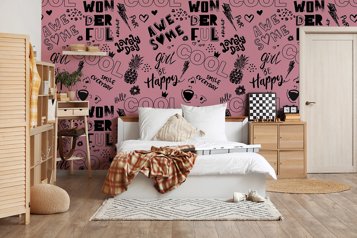 Fototapeta Młodzieżowa różowa z napisami – Cool Wonderful Happy