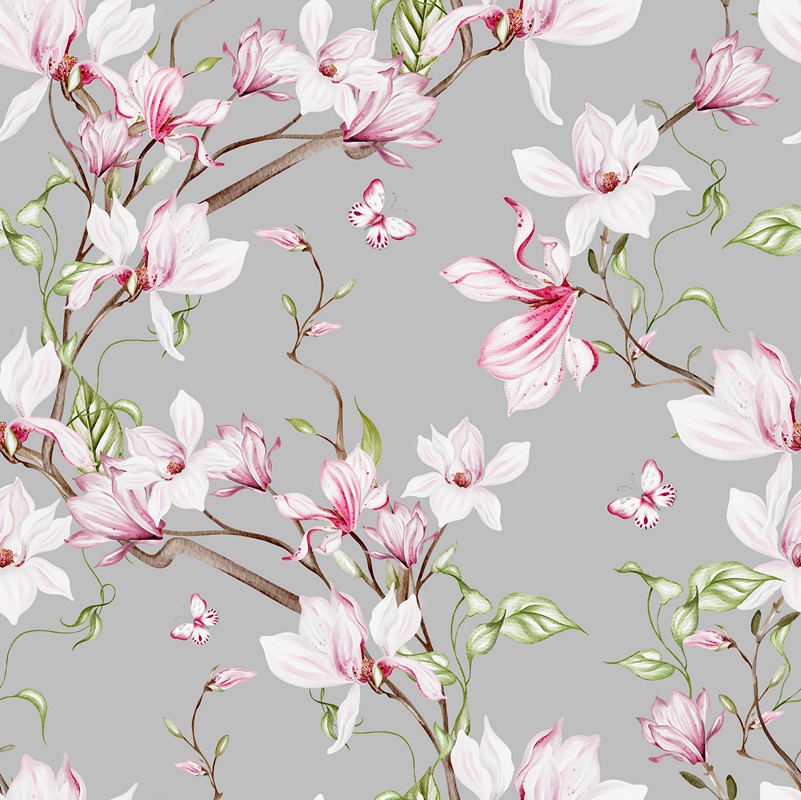 Watercolor,Seamless,Pattern,With,Pink,Magnolia,Flowers,And,Leaves.,Illustration