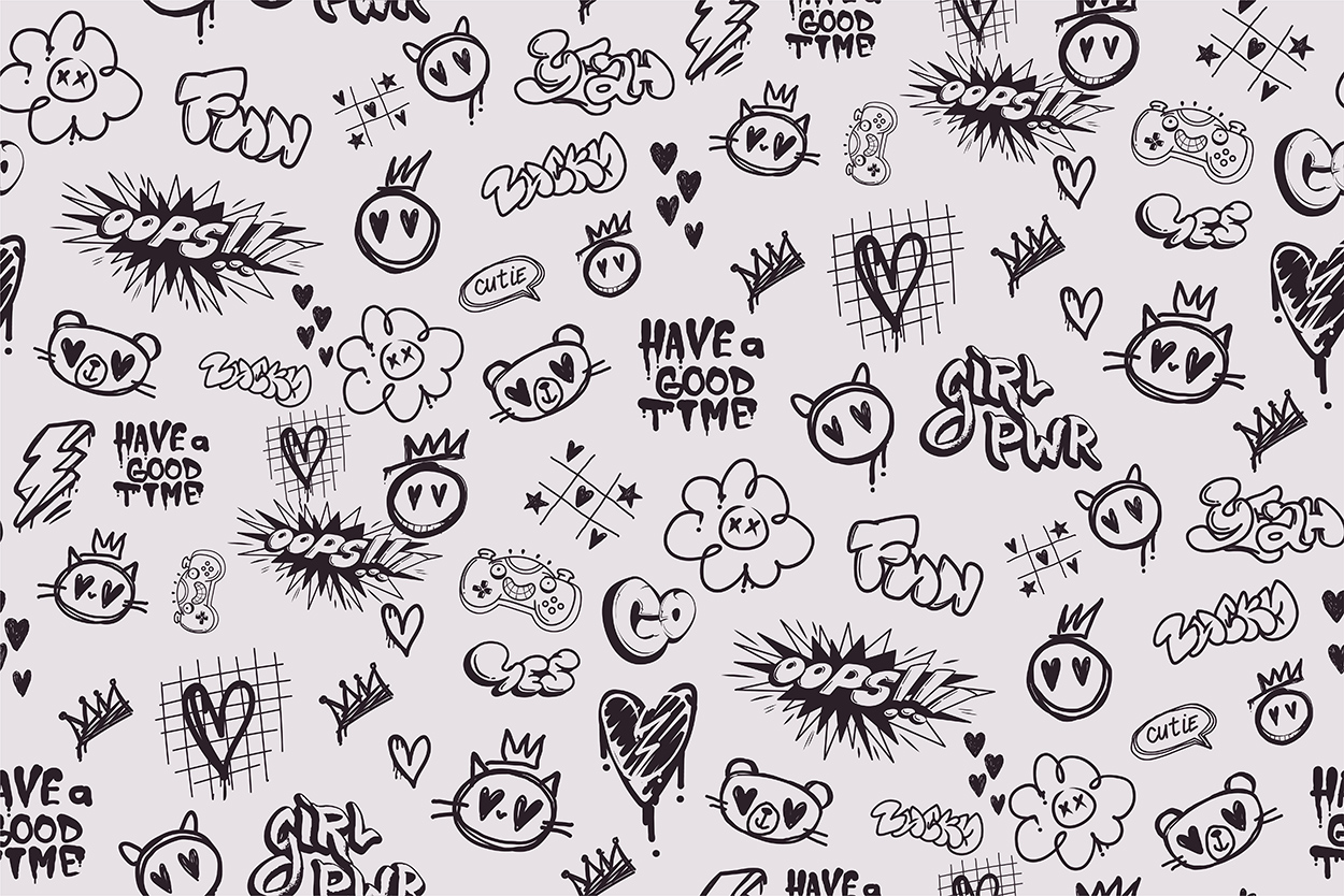 Seamless doodle pattern with kawaii cat and bear faces, hand dra