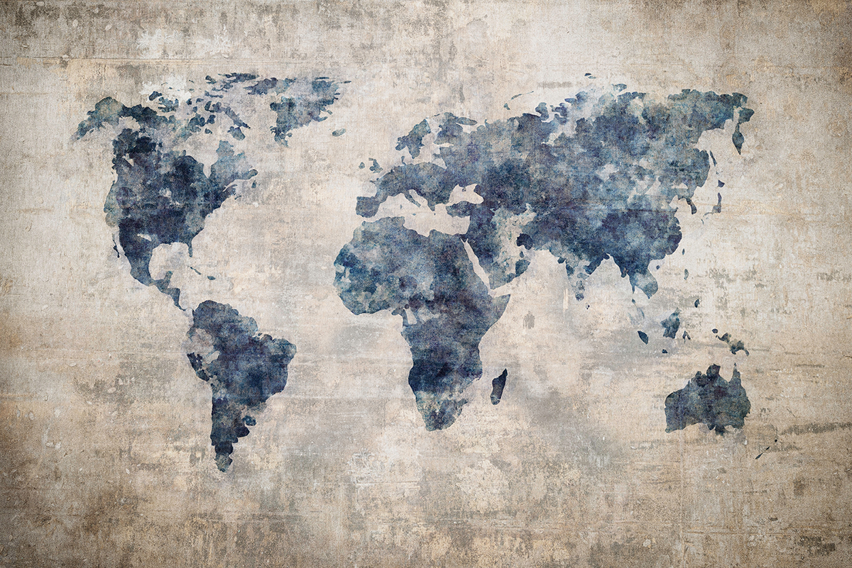 Grunge,World,Map,On,Vintage,Paper,Background,In,Watercolour,Style.