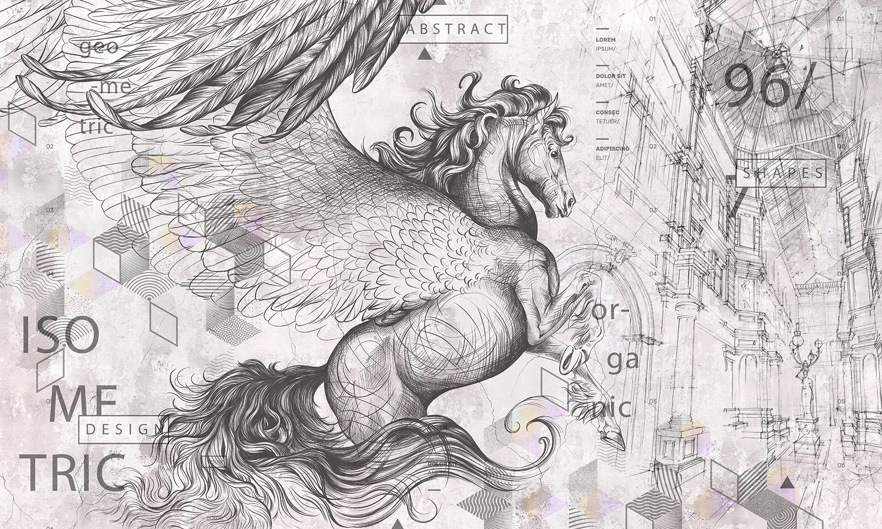 Beautiful,Graphic,Drawn,Pegasus,With,Wings,And,Geometry,On,A