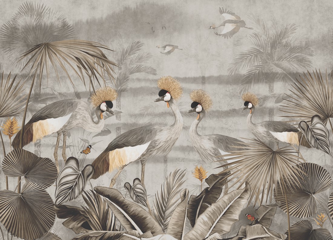 Elegant,Vintage-style,Tropical,Artwork,Featuring,Crowned,Cranes,,Palm,Trees,,Exotic