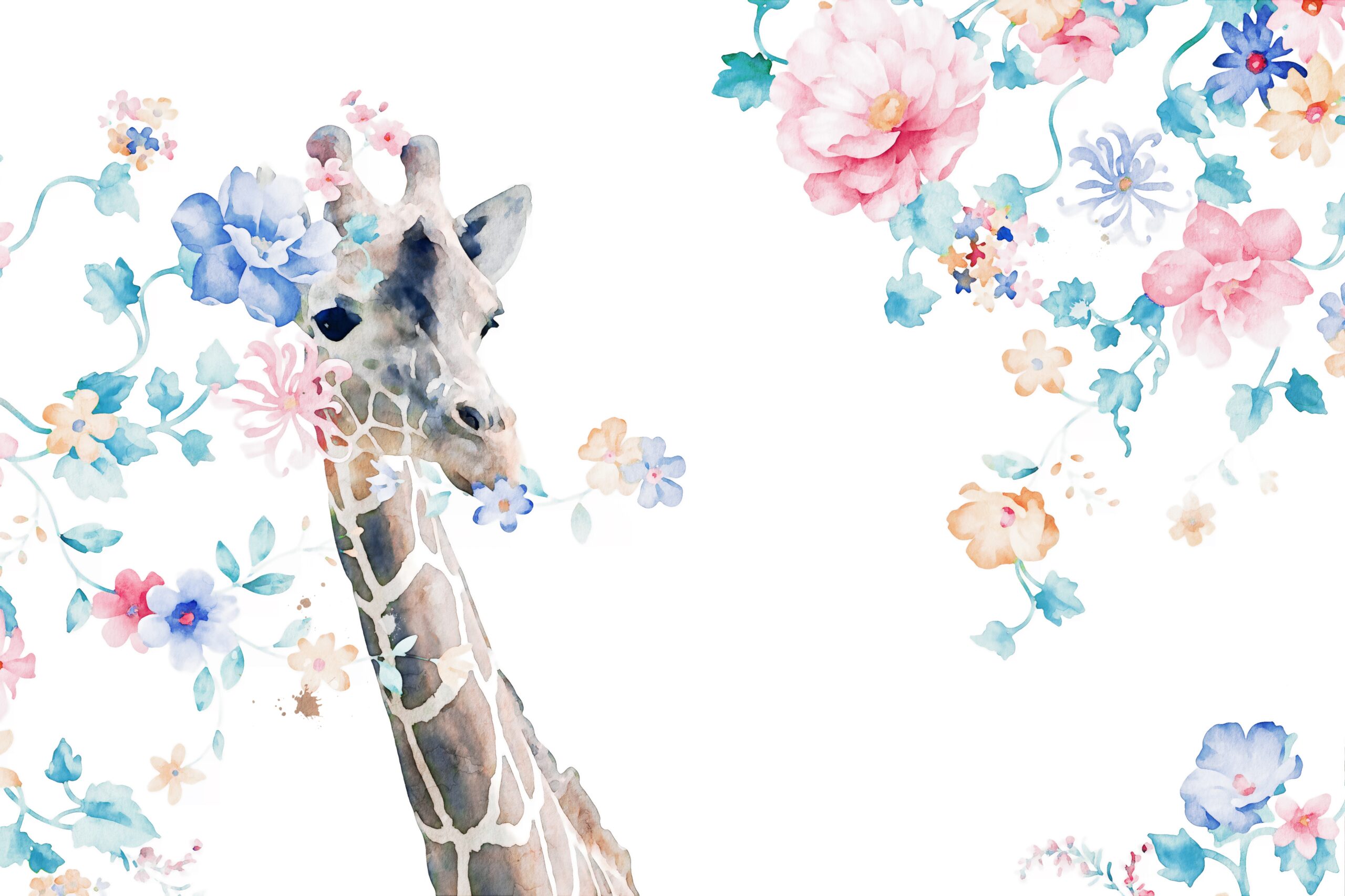 Beautiful,Watercolor,Giraffe,And,Bouquet,Illustration