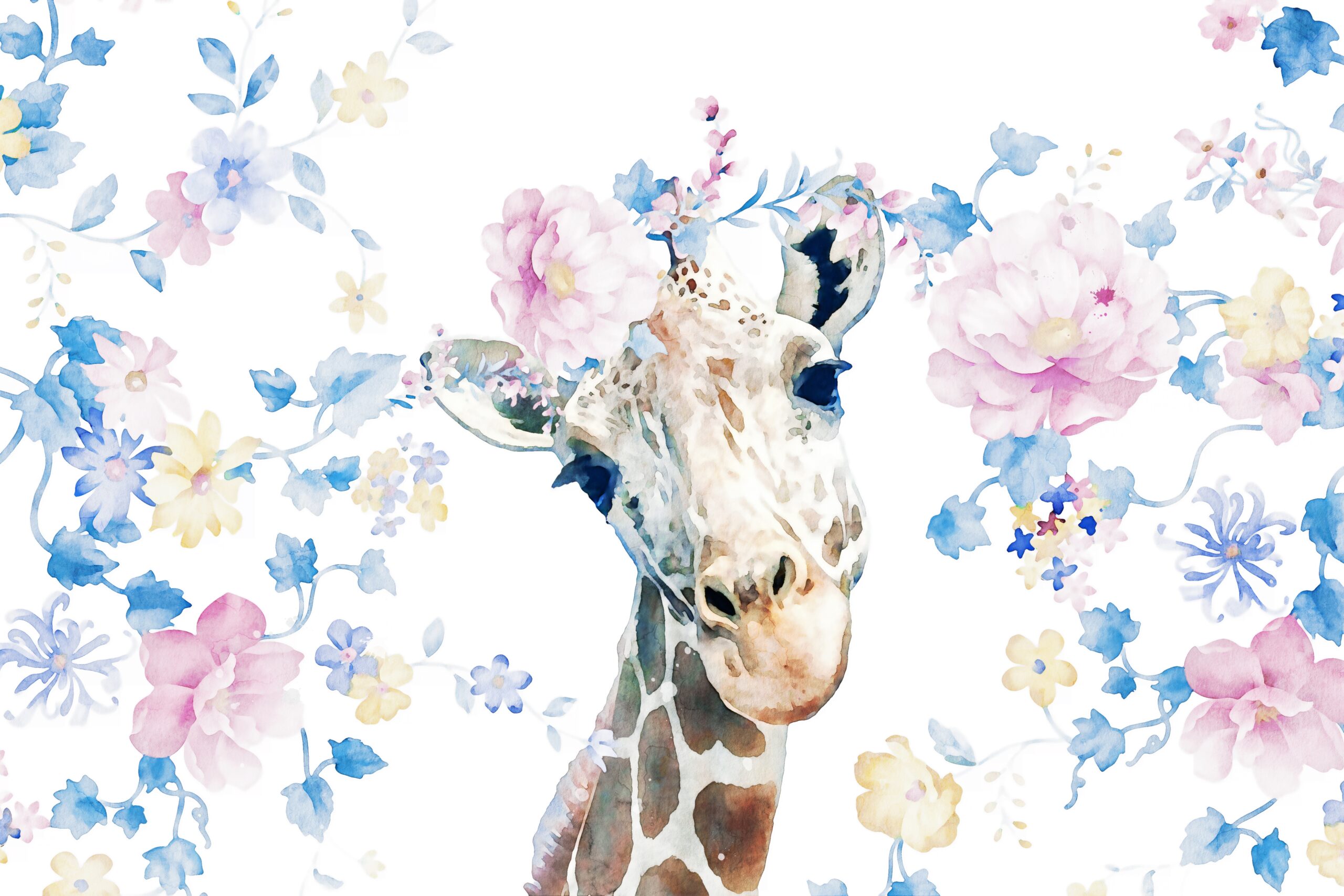 Beautiful,Watercolor,Giraffe,And,Bouquet,Illustration
