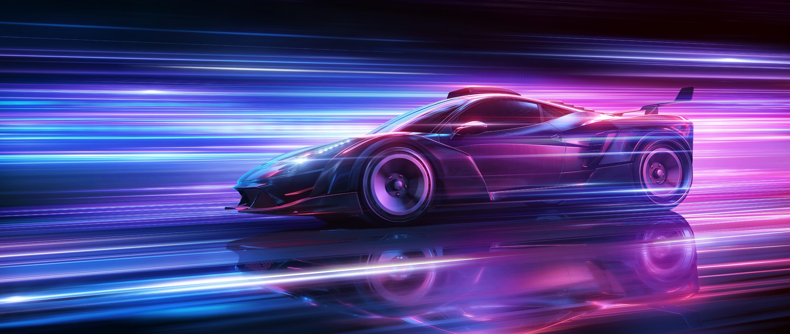 Futuristic,Sports,Car,On,Neon,Highway.,Powerful,Acceleration,Of,A