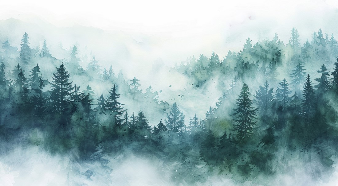 Watercolor,Forest,Misty,Mountains,Horizon,Landscape,Sunset,Fog,Pine,Tree