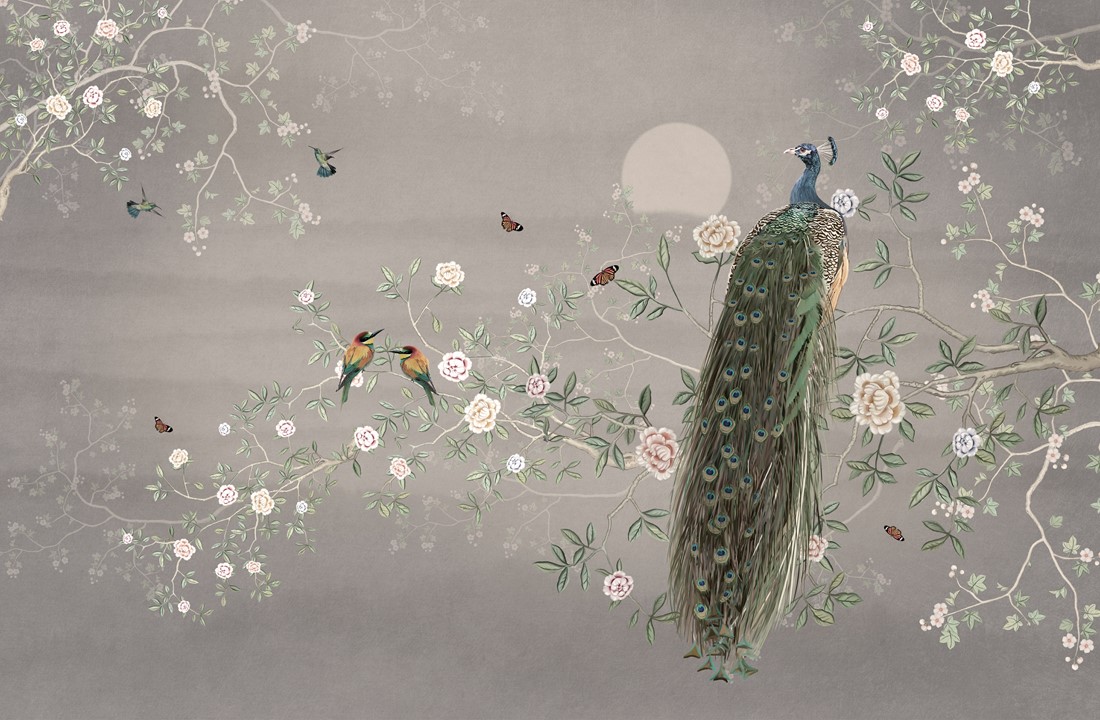 Chinoiserie,Wallpaper,Mural,,Vintage,,Illustration,,Old,Gray,Background,,Retro,,Blossom