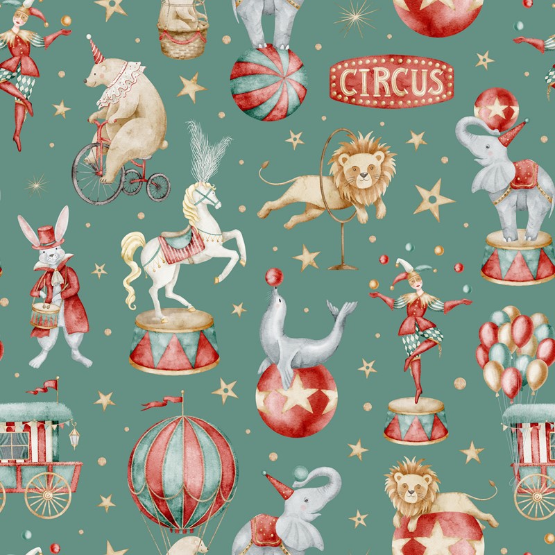 Watercolor,Circus,Seamless,Pattern,With,Animals,And,Carnival,Vintage,Elements.