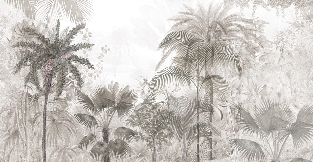 Tropical,Trees,And,Leaves,Wallpaper,Design,In,Foggy,Forest,