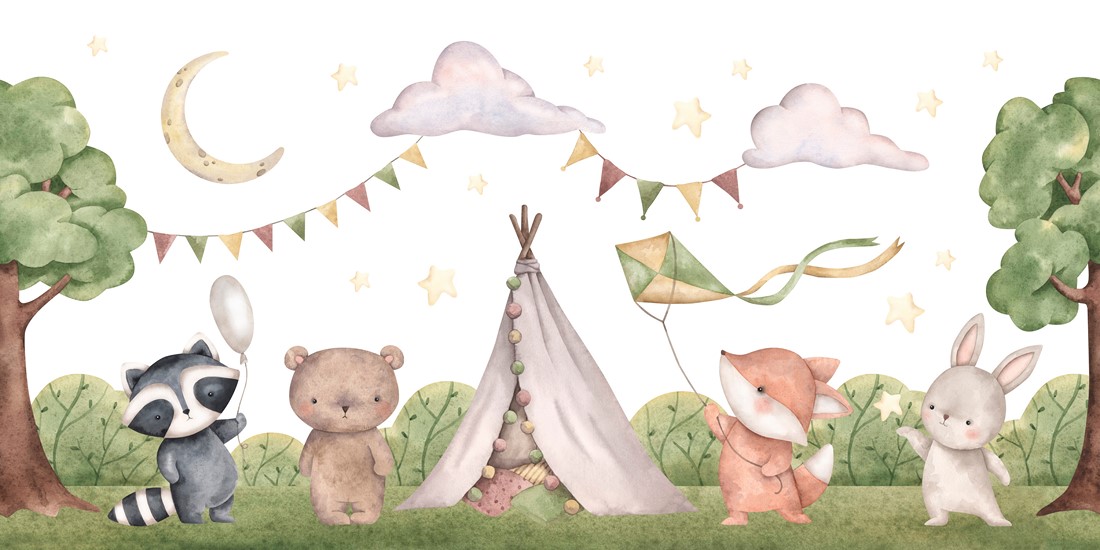 Woodland,Friends.,Watercolor,Hand-drawn,Horizontal,Border,With,Bear,,Bunny,,Fox,