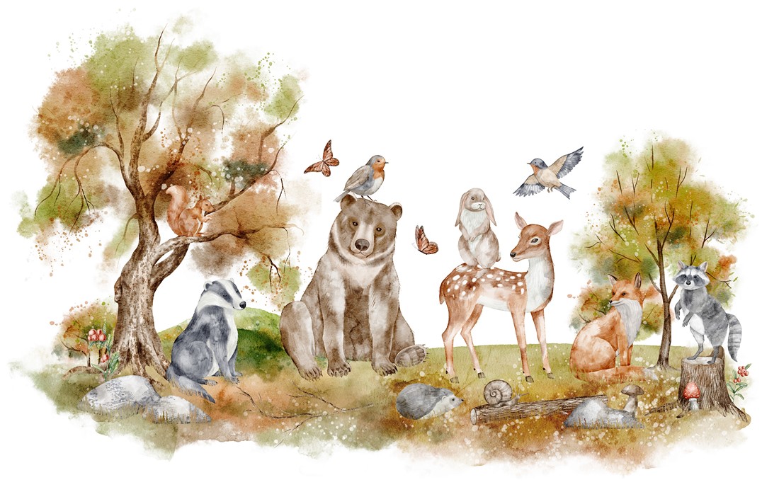 Watercolor,Forest,Animals,Including,Bear,,Deer,,Fox,,Raccoon,,Hare,,Birds,