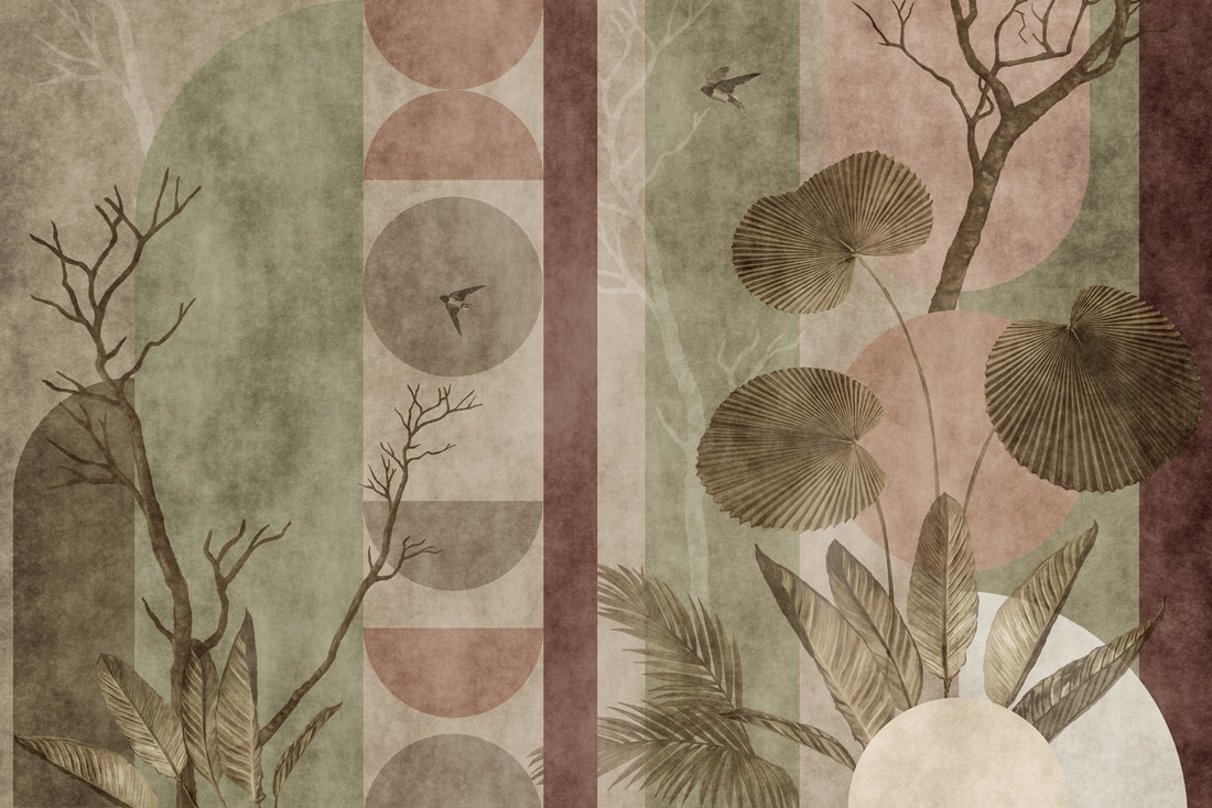 Elegant,Abstract,Botanical,Illustration,With,Tropical,Leaves,,Branches,,And,Birds