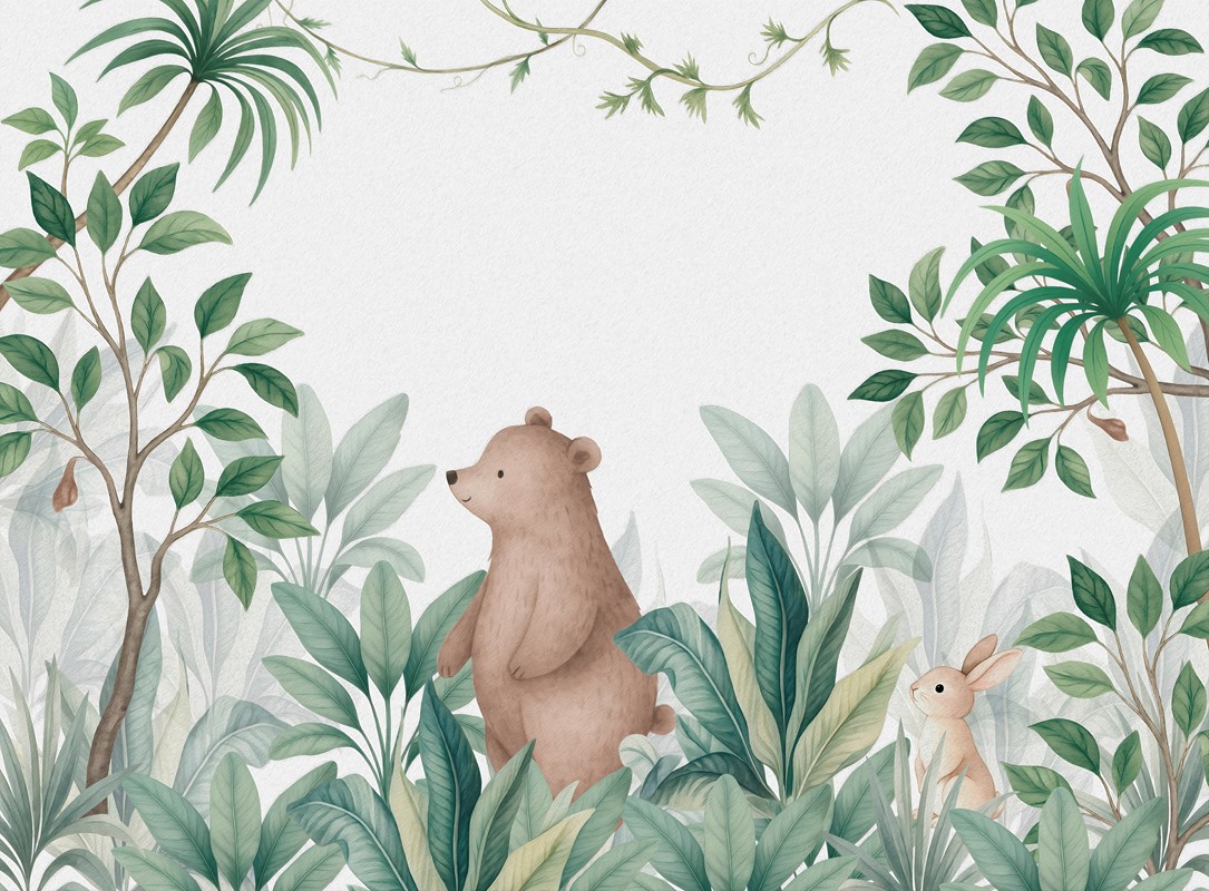 Watercolor,Jungle,Bear,|,Botanical,Green,Illustration,For,Nursery,Wall