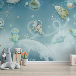 Mock up wall in the children's room in blue color wall background .3d rendering