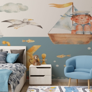 Empty cream wall in modern child room. Mock up interior in scandinavian style. Copy space for your picture or poster. Bed, armchair, toy. Cozy room for kids. 3D rendering.
