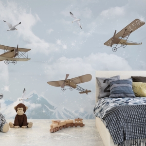 Fototapeta z błękitnym niebem, białymi chmurkami i dawnymi samolotami Aeroplany Wśród Mew - główne zdjęcie produktu
