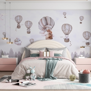 Fototapeta w ciepłych stonowanych kolorach z wesołą grafiką misiów latających po niebie Balony Nad Lasem - główne zdjęcie produktu