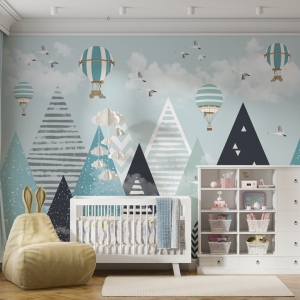 Fototapeta z balonami latającymi nad górami w niebieskich odcieniach Balony Nad Niebieskimi Górami do pokoju dziecięcego - główne zdjęcie produktu