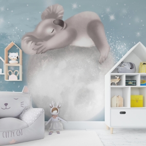 Fototapeta z baśniową ilustracją w stonowanej kolorystyce Koala Na Księżycu do pokoju dziecięcego - główne zdjęcie produktu