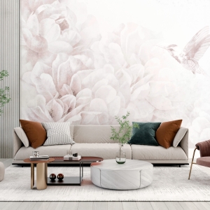 Fototapeta w delikatnej stylistyce z typowo damskim motywem egzotycznych kwiatów i nadlatującego ptaka. Idealna do salonu czy sypialni Koliber w Bieli - główne zdjęcie produktu