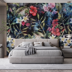 Fototapeta w stylu boho z mocnym kolorystycznie akcentem florystycznym Kolorowe Kwiatki Na Ciemnym Tle - główne zdjęcie produktu