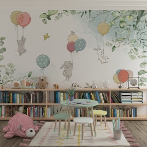 Fototapeta w wesołych kolorach idealny do pokoju dziecięcego Króliczki i Balony - główne zdjęcie produktu