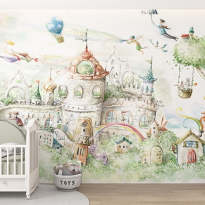 Fototapeta w delikatnych kolorach i bajkowym krajobrazem Magiczny Zamek - główne zdjęcie produktu