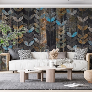 Fototapeta w stylu boho w ciemnych kolorach z niebieskimi akcentami Motyw Kłosów - główne zdjęcie produktu