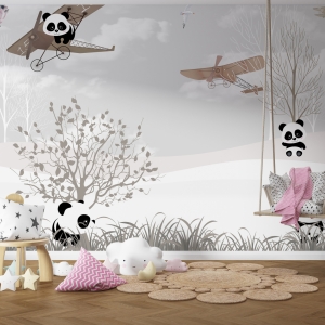 Fototapeta z szarym niebem, samolotem i misiami Panda w Samolocie Dla Dzieci - główne zdjęcie produktu