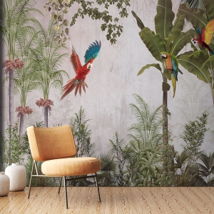 Fototapeta z egzotycznymi palmami i kolorowymi ptakami Papuga w Locie - główne zdjęcie produktu