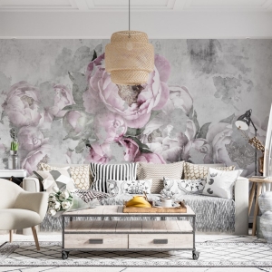 Fototapeta z bukietem kwiatów Różowe Piwonie Rozmyte w Szarości - główne zdjęcie produktu
