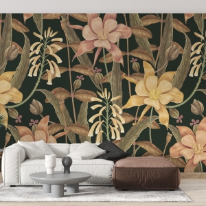 Fototapeta z dziką roślinnością na ciemnym tle w stylu boho Ściana Kolorowych Kwiatów - główne zdjęcie produktu